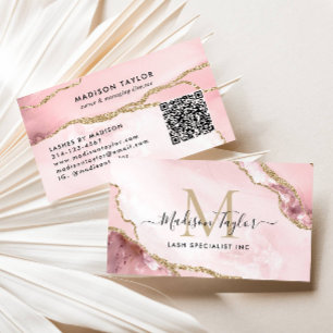 Blush Pink Gold Glitter Marble Agate Monogram QR Business Card