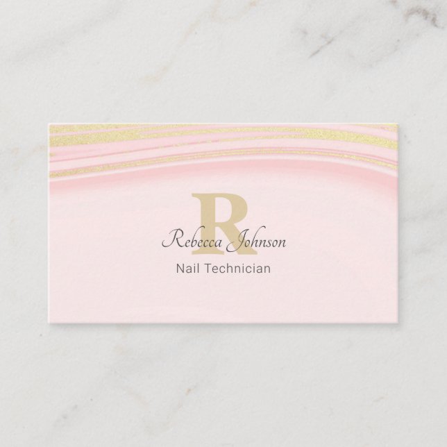 Blush Pink Gold Glitter Monogram Girly Chic Business Card (Front)