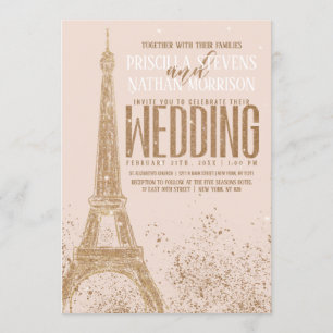 Blush Pink Gold Glitter Paris Eiffel Tower Wedding Invitation