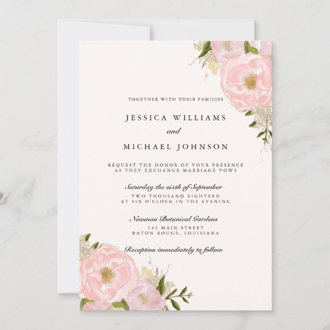Blush Pink Gold Glitter Peony Wedding Invitations (Front)