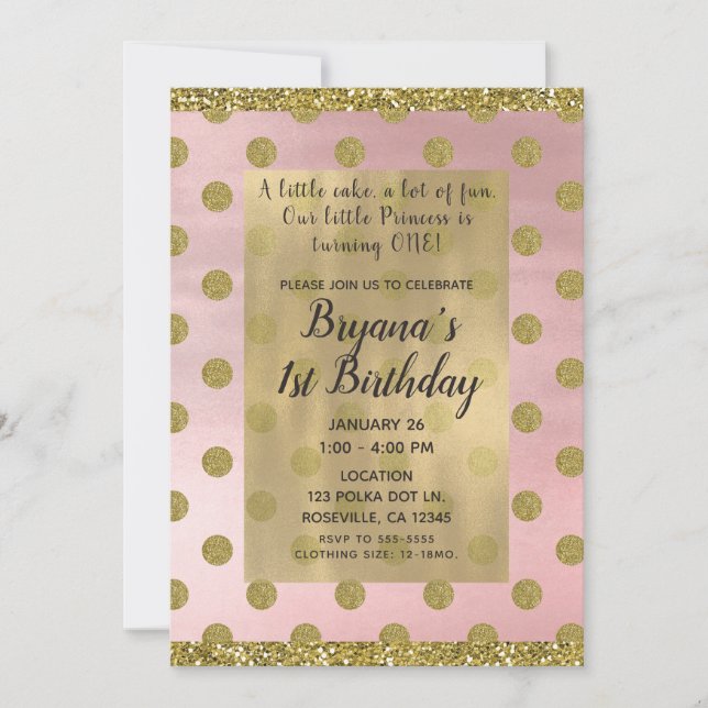 Blush Pink & Gold Glitter Polka Dots 1st Birthday Invitation (Front)