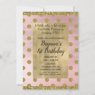 Blush Pink & Gold Glitter Polka Dots 1st Birthday Invitation