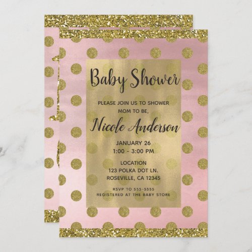 Blush Pink  Gold Glitter Polka Dots Baby Shower Invitation