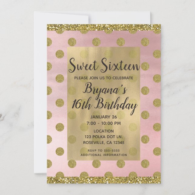 Blush Pink & Gold Glitter Polka Dots Sweet 16 16th Invitation (Front)