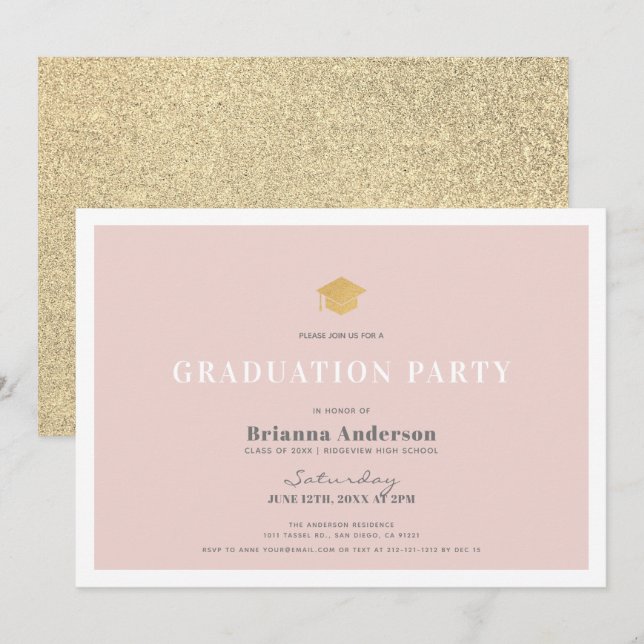 Blush Pink Gold Glitter Simple Graduation Party Invitation (Front/Back)