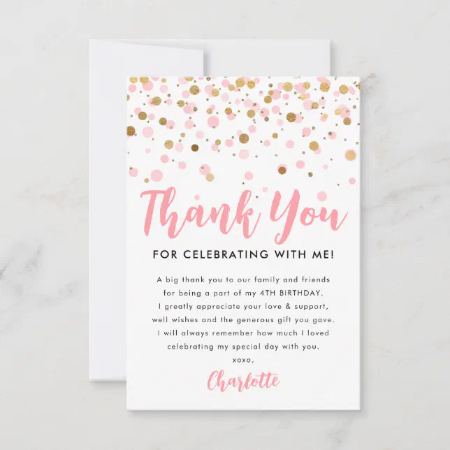 Blush Pink Gold Glitter Sparkle Confetti Birthday Thank You Card | Zazzle