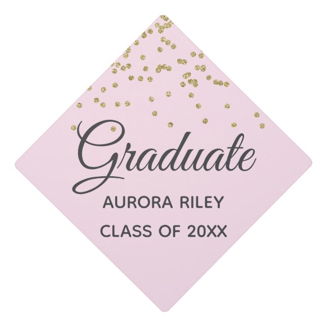 Blush Pink Gold Glitter Sparkles Confetti Graduate Graduation Cap Topper (Front)