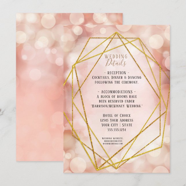 Blush Pink Gold Glitter Twinkle Lights Details Invitation (Front/Back)