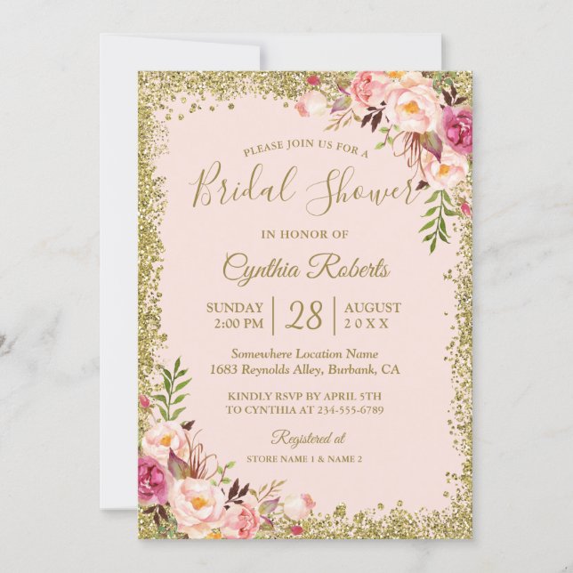 Blush Pink Gold Glitters Floral Bridal Shower Invitation (Front)