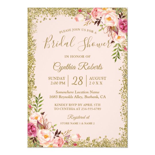 Blush Pink Gold Glitters Fl Bridal Shower Invitation Zazzle