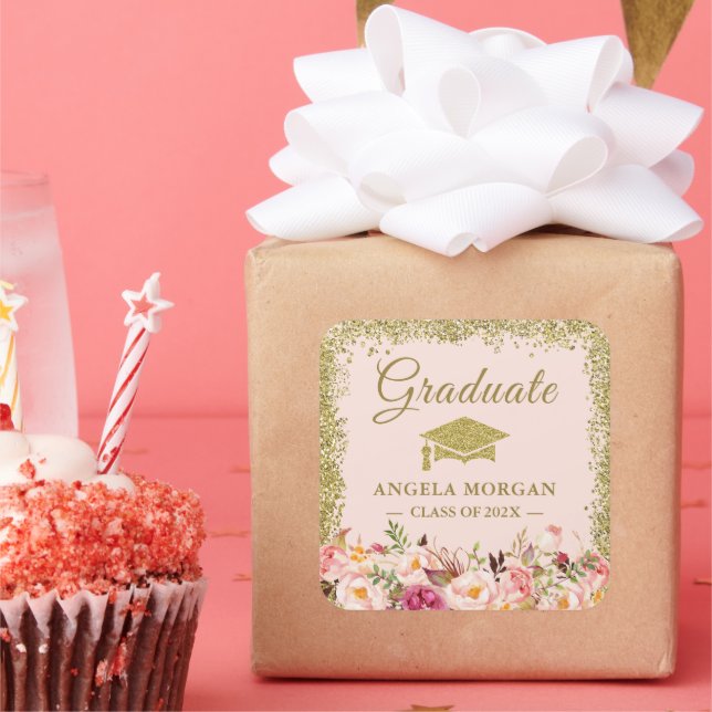 Blush Pink Gold Glitters Floral Graduation Favor Square Sticker (Party)