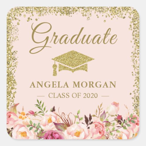 Blush Pink Gold Glitters Floral Graduation Favor Square Sticker Blush Pink Gold Glitters Floral Graduation Favor Square Sticker