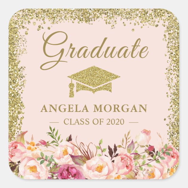 Blush Pink Gold Glitters Floral Graduation Favor Square Sticker
