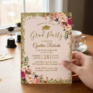 Blush Pink Gold Glitters Floral Graduation Party Invitation