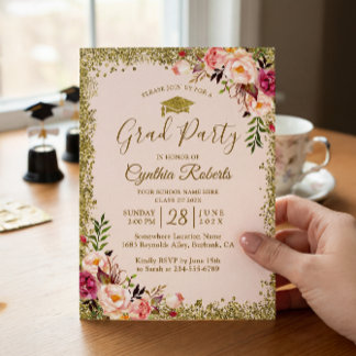 Blush Pink Gold Glitters Floral Graduation Party Invitation