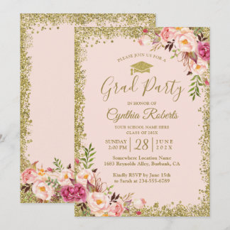 Blush Pink Gold Glitters Floral Graduation Party Invitation