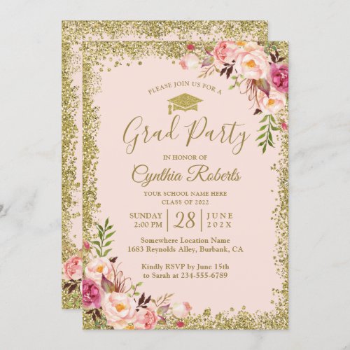 Blush Pink Gold Glitters Floral Graduation Party Invitation - Create your perfect invitation with this pre-designed templates, you can easily personalize it to be uniquely yours. For further customization, please click the "customize further" link and use our easy-to-use design tool to modify this template. If you prefer Thicker papers / Matte Finish, you may consider to choose the Matte Paper Type.