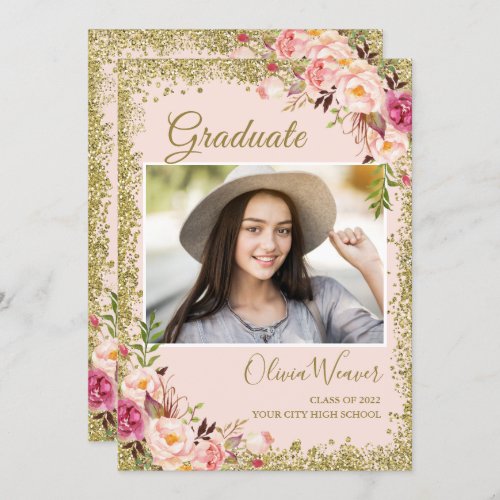Blush Pink Gold Glitters Floral Photo Graduation Invitation - Create your perfect invitation with this pre-designed templates, you can easily personalize it to be uniquely yours. For further customization, please click the "customize further" link and use our easy-to-use design tool to modify this template. If you prefer Thicker papers / Matte Finish, you may consider to choose the Matte Paper Type.