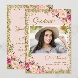 Blush Pink Gold Glitters Floral Photo Graduation Invitation