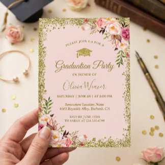 Blush Pink Gold Glitters Floral Photo Graduation Invitation