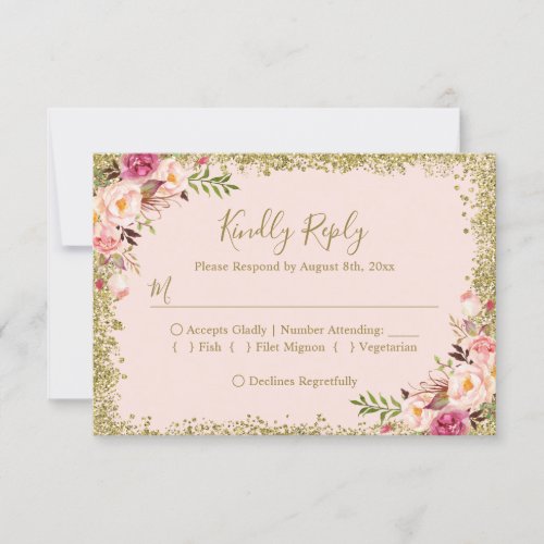 Blush Pink Gold Glitters Floral RSVP Reply - Blush Pink Gold Glitters Floral RSVP Reply Card. 
(1) For further customization, please click the "customize further" link and use our design tool to modify this template. 
(2) If you prefer Thicker papers / Matte Finish, you may consider to choose the Matte Paper Type. 
(3) If you need help or matching items, please contact me.