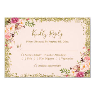Blush Pink Gold Glitters Floral RSVP Reply Card