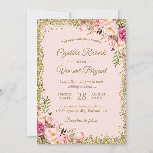 Blush Pink Gold Glitters Floral Wedding Invitation - Create your perfect invitation with this pre-designed templates, you can easily personalize it to be uniquely yours. For further customization, please click the "customize further" link and use our easy-to-use design tool to modify this template. If you prefer Thicker papers / Matte Finish, you may consider to choose the Matte Paper Type.