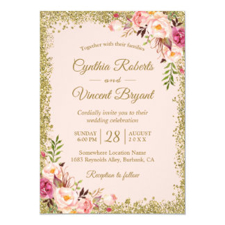 Blush Pink Gold Glitters Floral Wedding Invitation