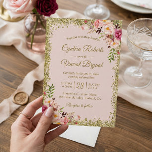 Blush Pink Gold Glitters Floral Wedding Invitation