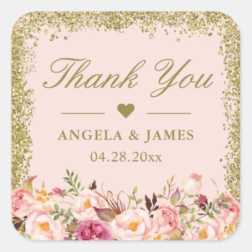 Blush Pink Gold Glitters Floral Wedding Thank You Square Sticker - Blush Pink Gold Glitters Floral Wedding Thank You Sticker. 
(1) For further customization, please click the "Customize it" button and use our design tool to modify this template.
(2) If you need help or matching items, please contact me.