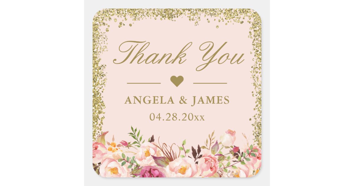 Blush Pink Gold Glitters Floral Wedding Thank You Square Sticker | Zazzle