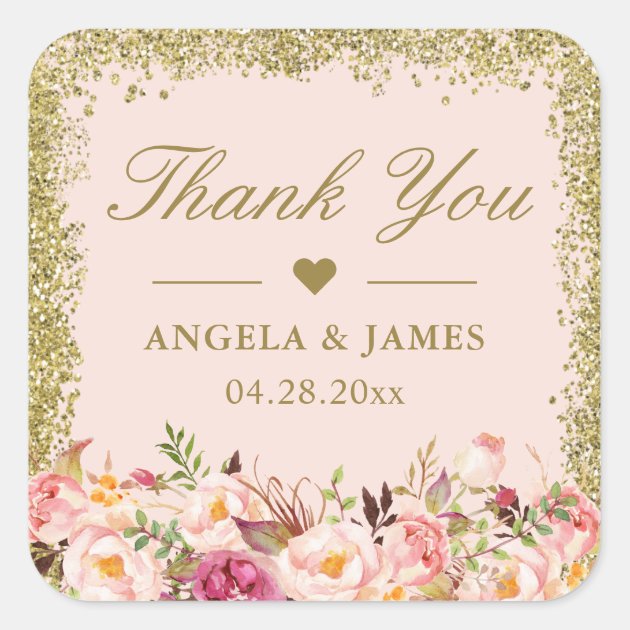 Blush Pink Gold Glitters Floral Wedding Thank You Square Sticker