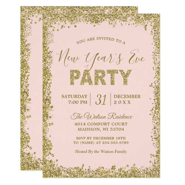 Blush Pink Gold Glitters New Year Eve Party Invitation