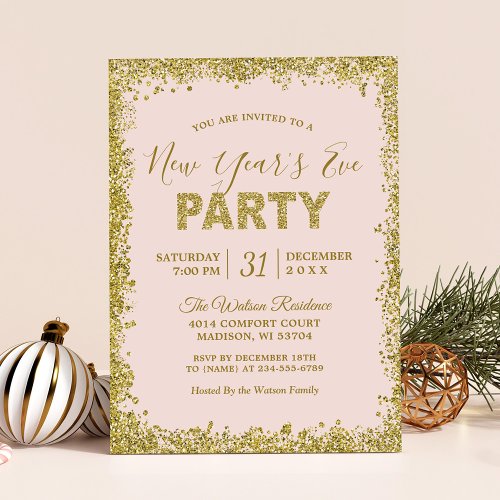 Blush Pink Gold Glitters New Year Eve Party Card