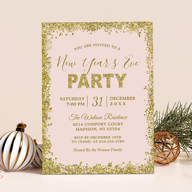 Blush Pink Gold Glitters New Year Eve Party Invitation (Creator Uploaded)