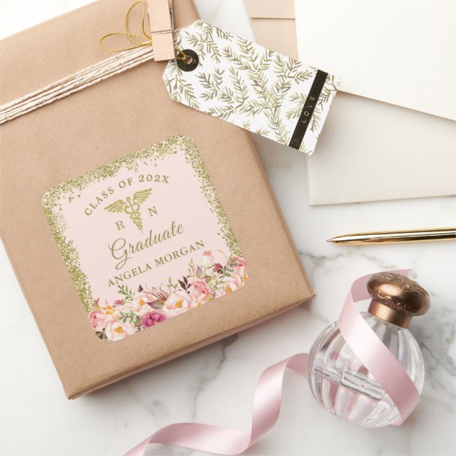 Blush Pink Gold Glitters Nursing Sign Graduation Square Sticker (Gifting)