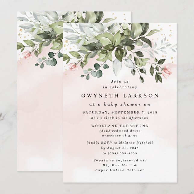 Blush Pink Gold Greenery Dusty Blue Baby Shower Invitation (Front/Back)