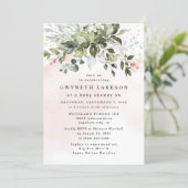 Blush Pink Gold Greenery Dusty Blue Baby Shower Invitation (Standing Front)