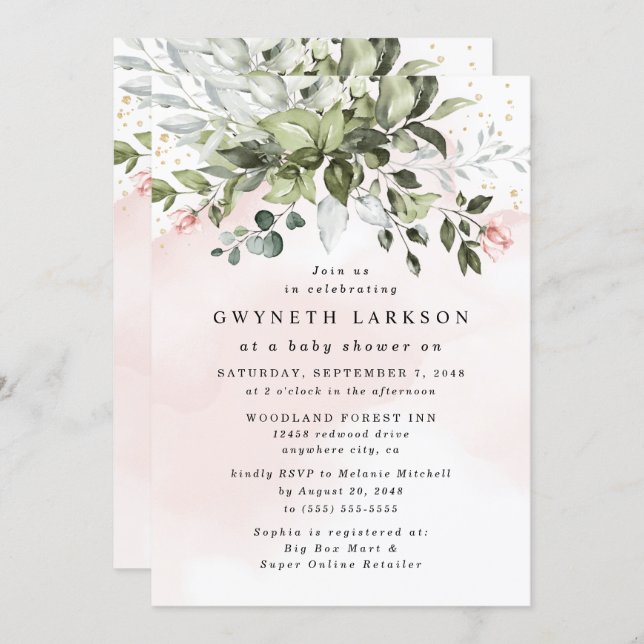 Blush Pink Gold Greenery Dusty Blue Baby Shower Invitation (Front/Back)
