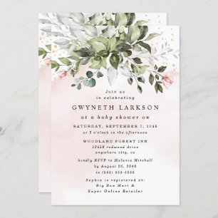 Blush Pink Gold Greenery Dusty Blue Baby Shower Invitation