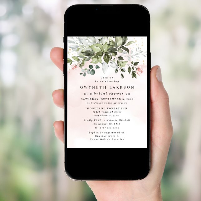 Blush Pink Gold Greenery Dusty Blue Bridal Shower Invitation (Front Digital)