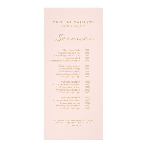 Blush Pink Gold Hair Stylist Service Price List Rack Card