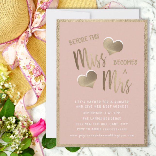 Blush Pink Gold Hearts Miss Mrs Bridal Shower Invitation (Cute pink and gold Miss to Mrs. bridal shower invitation)