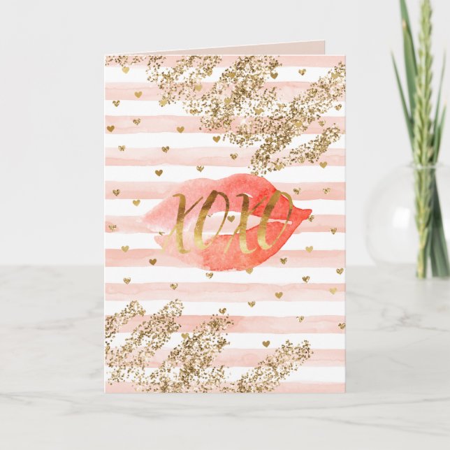 Blush Pink Gold Hearts XOXO Glitter Lips Card (Front)