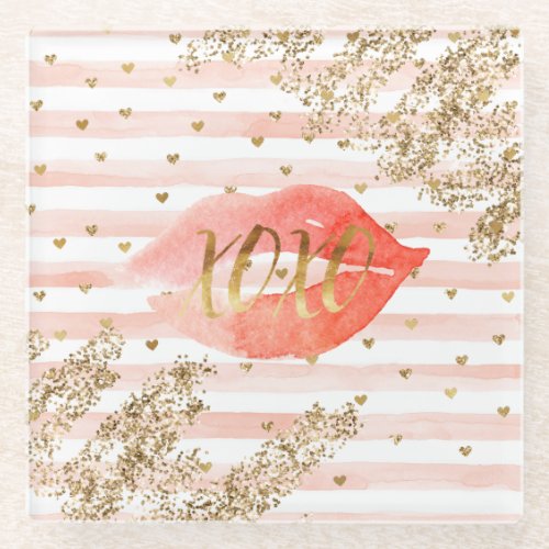 Blush Pink Gold Hearts XOXO Glitter Lips Glass Coaster