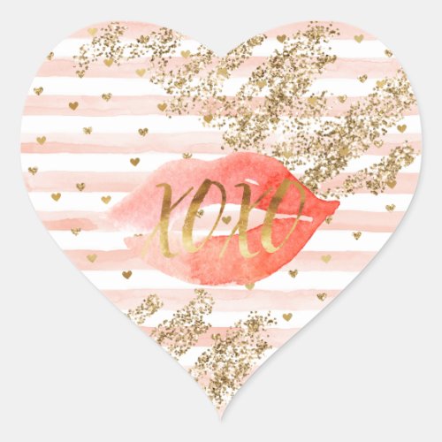 Blush Pink Gold Hearts XOXO Glitter Lips Heart Sticker