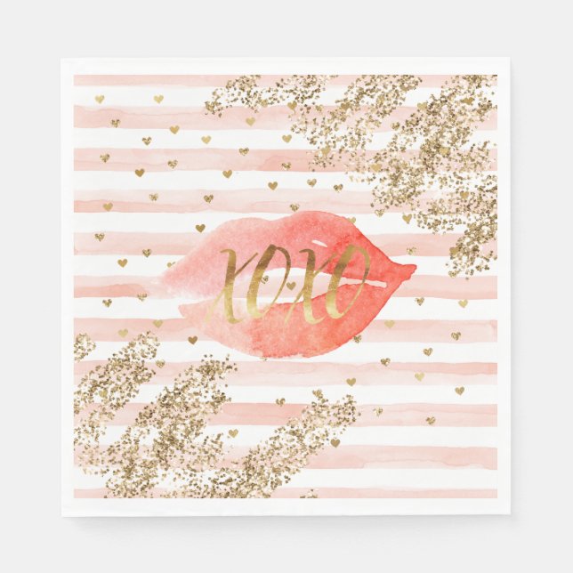 Blush Pink Gold Hearts XOXO Glitter Lips Napkins (Front)