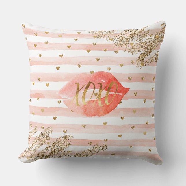 Blush Pink Gold Hearts XOXO Glitter Lips Throw Pillow (Front)