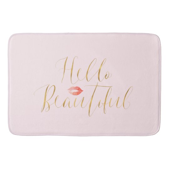 Blush Pink Gold Hello Beautiful Lips Bathroom Mat