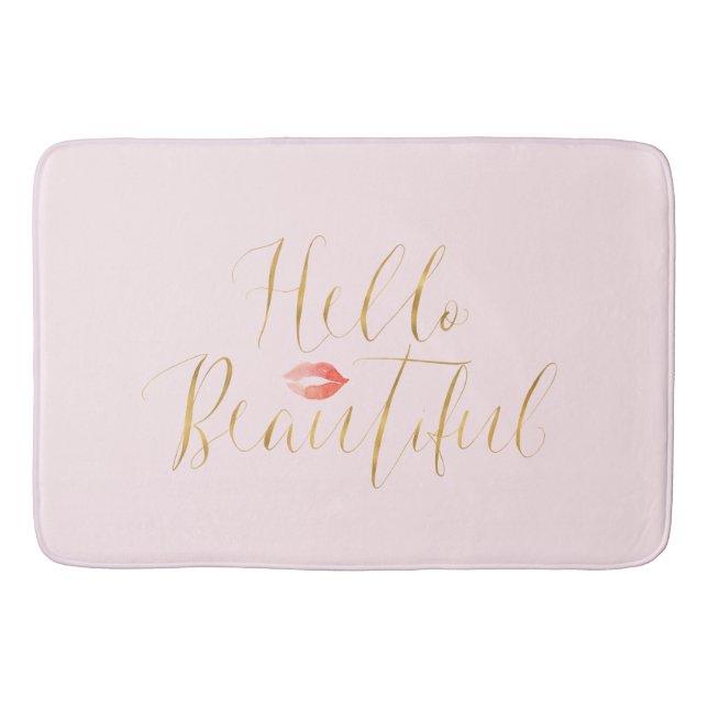Blush Pink Gold Hello Beautiful Lips Bathroom Mat (Front)